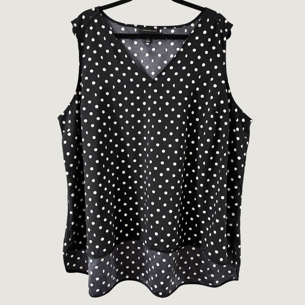 Lane Bryant Polka Dot V-Neck Sleeveless High Low Blouse Black White Size 24